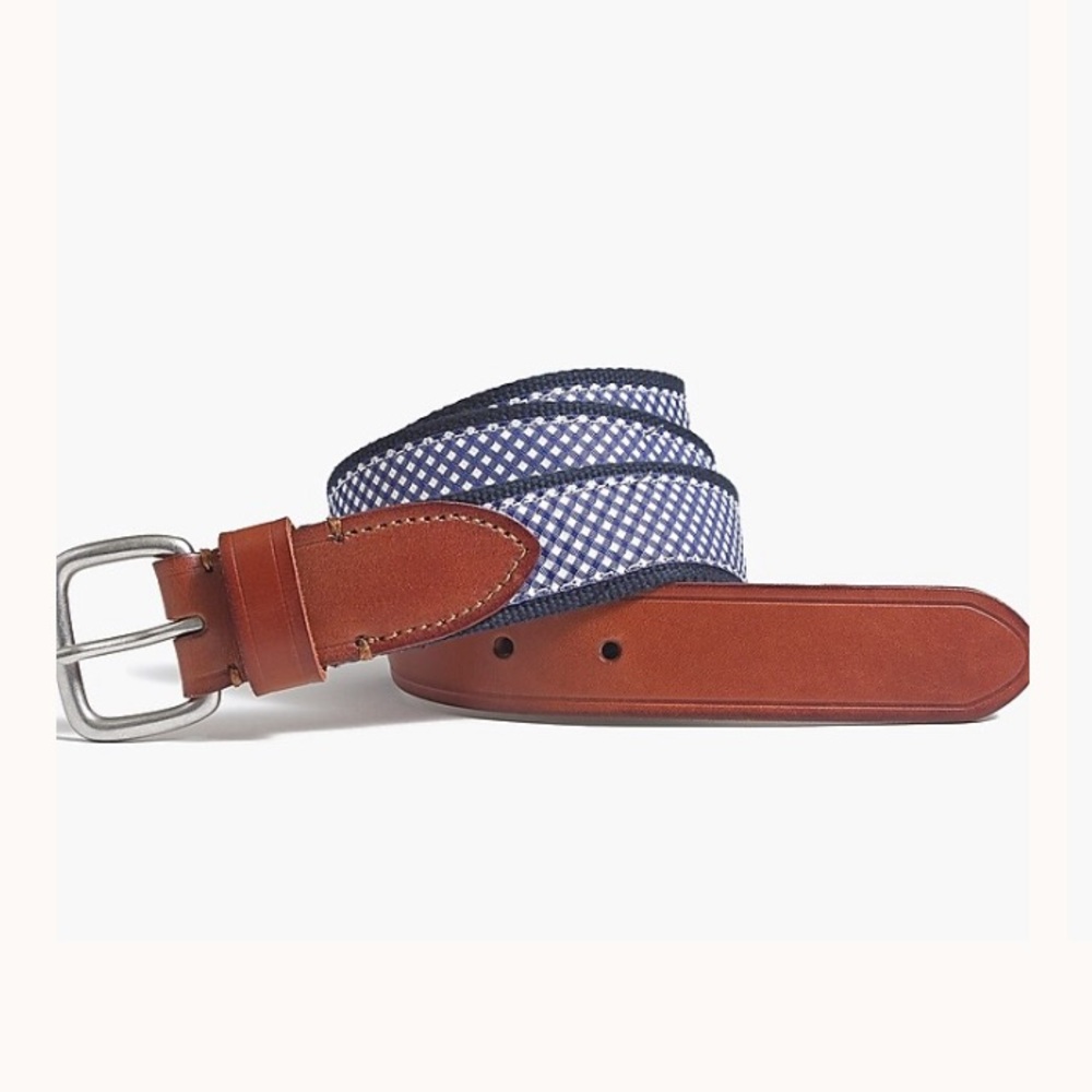 J. Crew Brown Leather and Blue Gingham Belt size 30